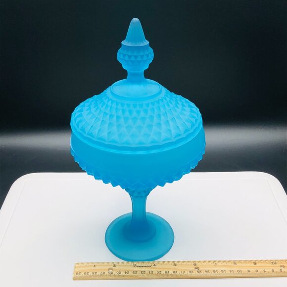 Vintage Indiana Glass Satin Mist Blue Diamond Point Candy Wedding Box Compote - Picture 11 of 14